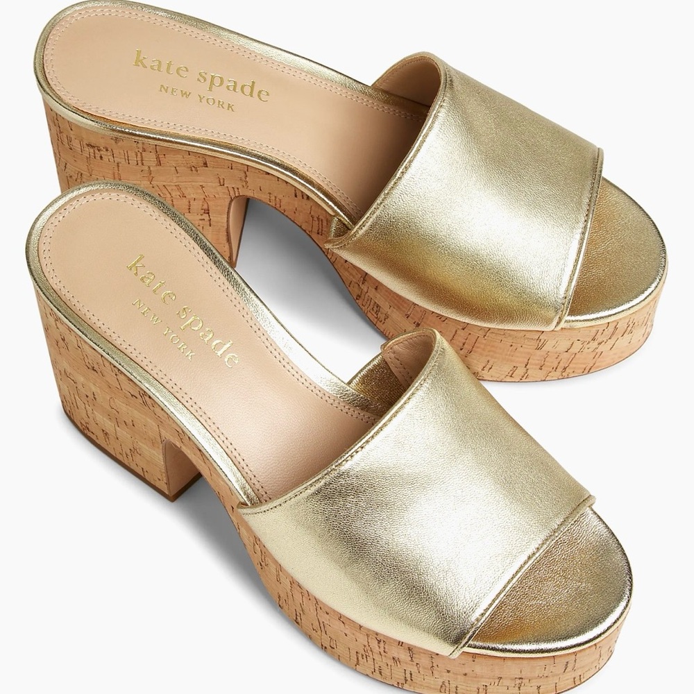 Kate Spade New York Gold Cork Platform Slip-On Sandals – Size 6.5